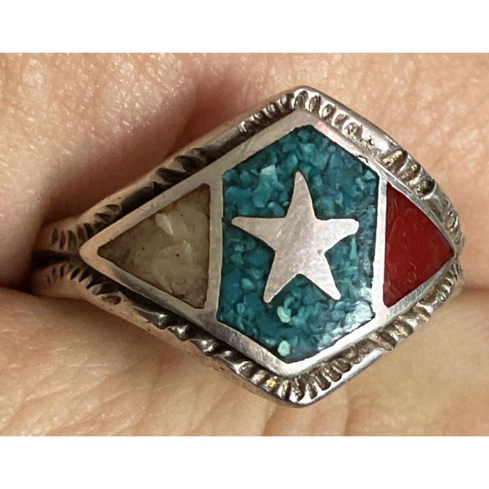 Beautiful Old Silver Ring with Turquoise & Coral Inlay and silver Star Center